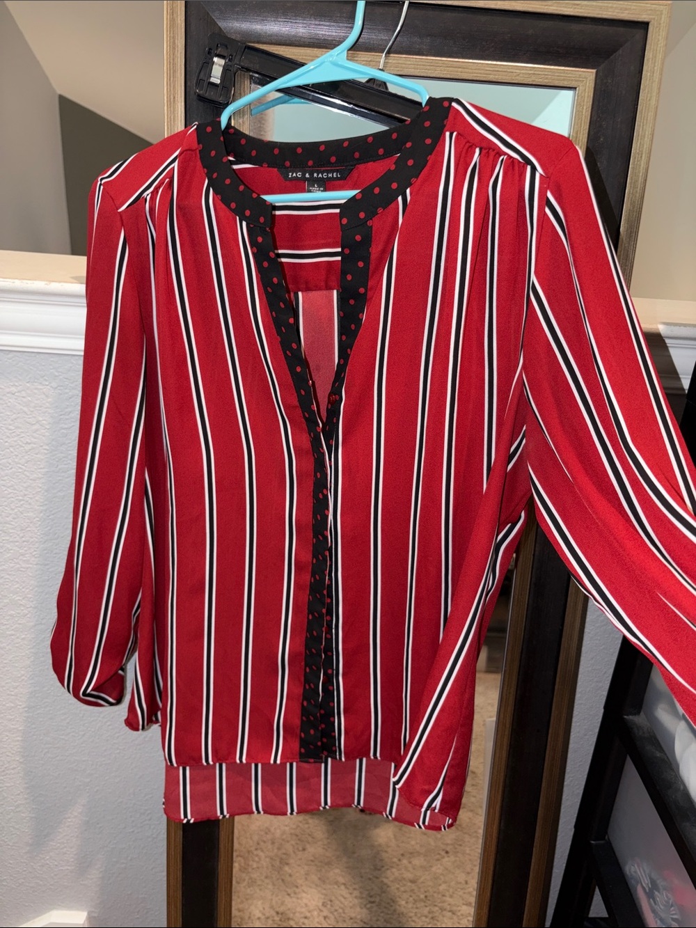 Zac & Rachel Red, Black, White Striped Blouse with Polka-Dot Trim